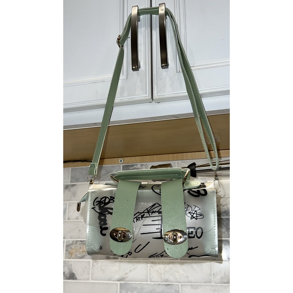 Green Faux Leather Top Handle Strap Clear Black Plastic Small Hand Crossbody Bag